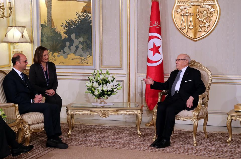 الرئيس التونسي الباجي قائد السبسي خلال لقائه وزير الخارجية والتعاون الدولي الإيطالي انجلينو ألفانو