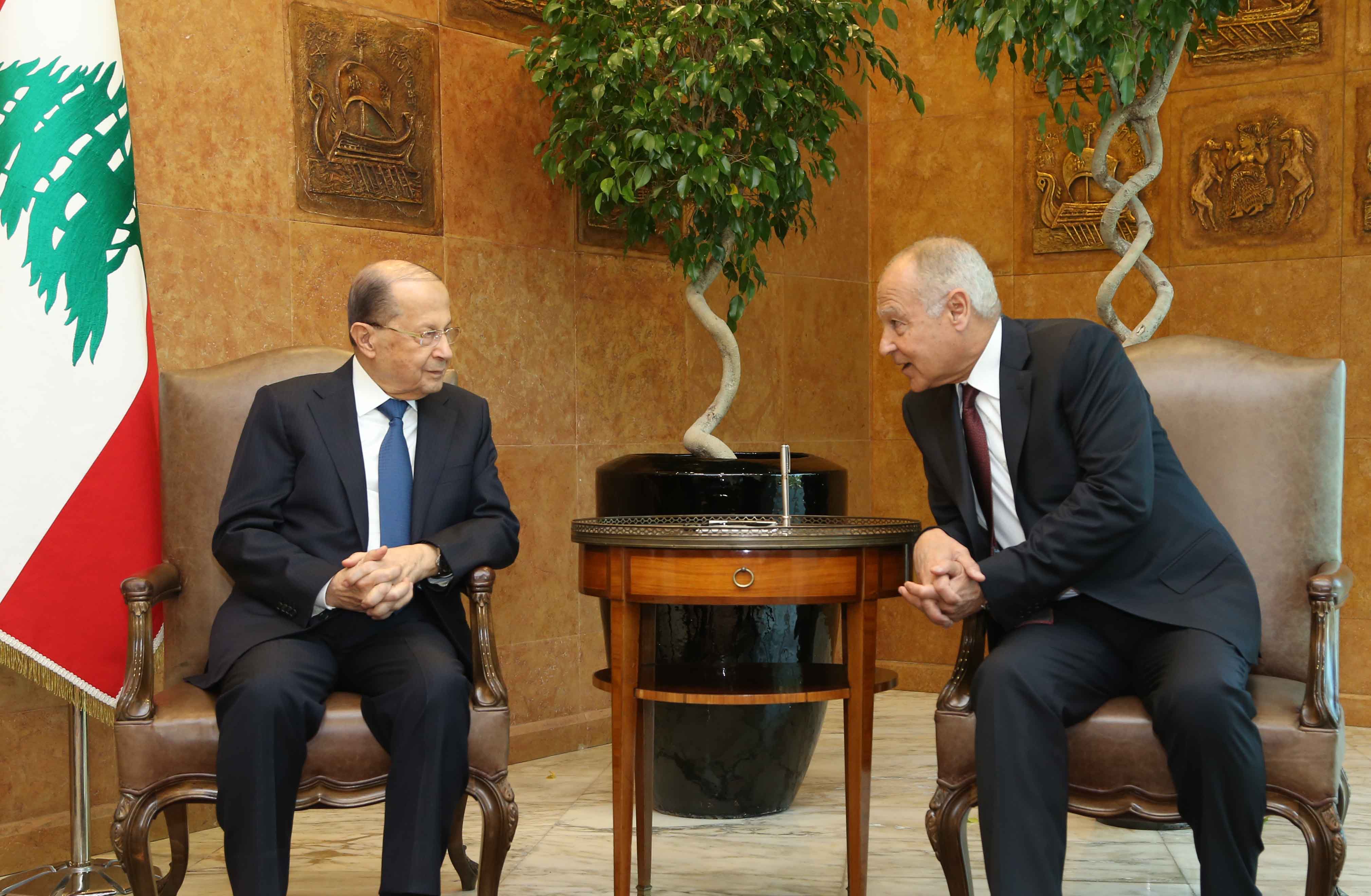 Lebanese President Michel Aoun meets with the Secretary General of the Arab League Ahmad Abul Gheit