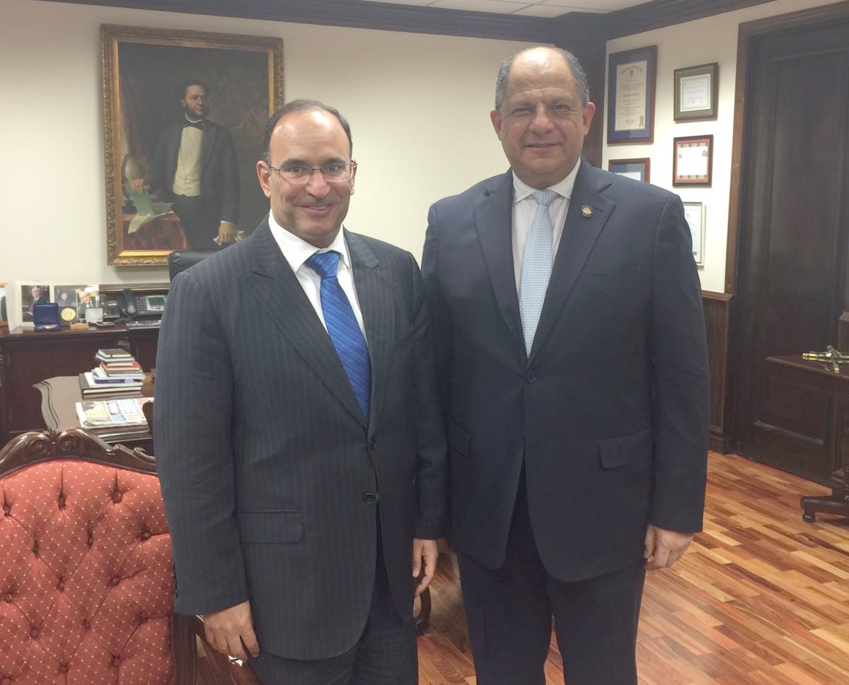 Kuwait's Permeant Delegate to the UN Ambassador Mansour Al-Otaibi meets with Costa Rican President Luis Guillermo Solis
