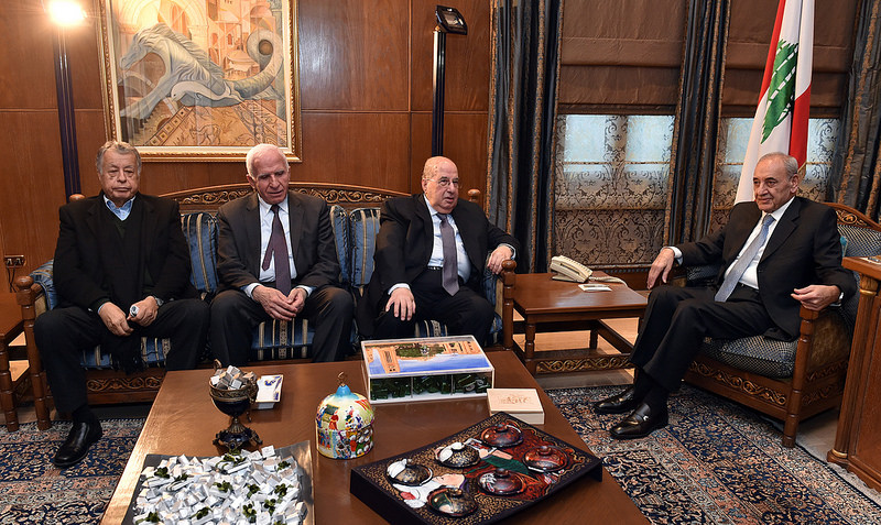 رئيس المجلس الوطني الفلسطيني سليم الزعنون خلال اجتماعه برئيس مجلس النواب اللبناني نبيه بري