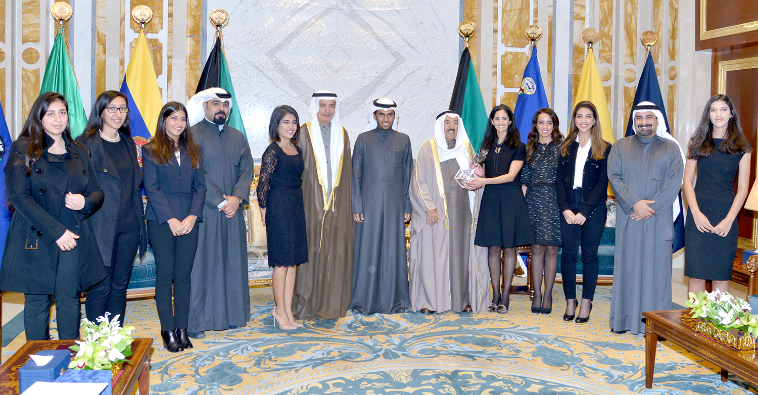 His Highness the Amir Sheikh Sabah Al-Ahmad Al-Jaber Al-Sabah receives Amiri Diwan Advisor Dr. Yousef Hamad Al-Ibrahim, CEO of Proteges organization Shamlan Al-Bahr, and members