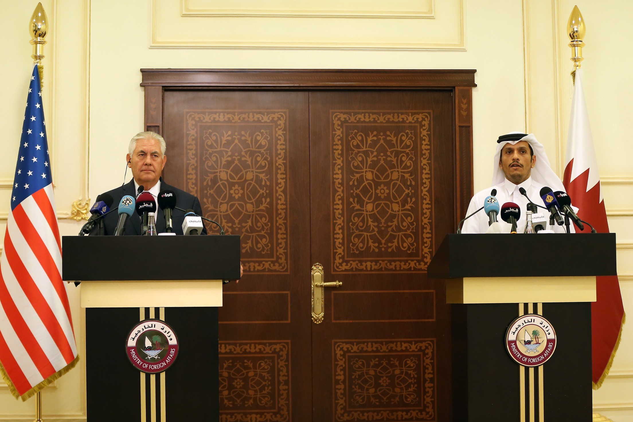US Secretary of State Rex Tillerson with Qatari Foreign Minister Sheikh Mohammad Al-Thani during the press conference