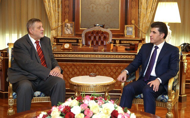 UN Secretary General special representative to Iraq Jan Kubic during a meeting with Nechirvan Barzani, prime minister of regional government of Kurdistan
