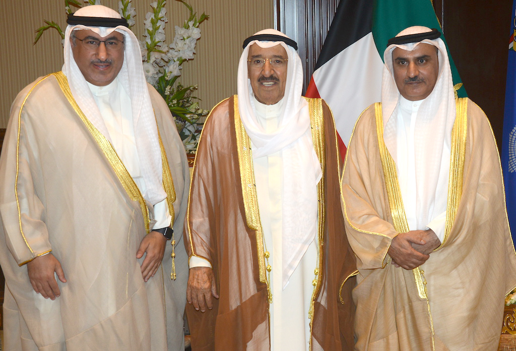 His Highness the Amir Sheikh Sabah Al-Ahmad Al-Jaber Al-Sabah receives Dr. Mohammad Al-Fares and the newly-elected Director of the Arab League Education, Culture, and Scientific Organization (ALECSO) Dr. Saud Al-Harbi