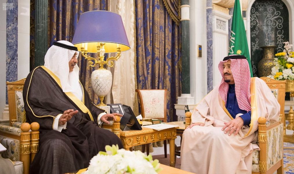 Saudi King Salman bin Abdulaziz Al-Saud meets with Kuwaiti First Deputy Prime Minister and Foreign Minister Sheikh Sabah Al-Khaled Al-Hamad Al-Sabah