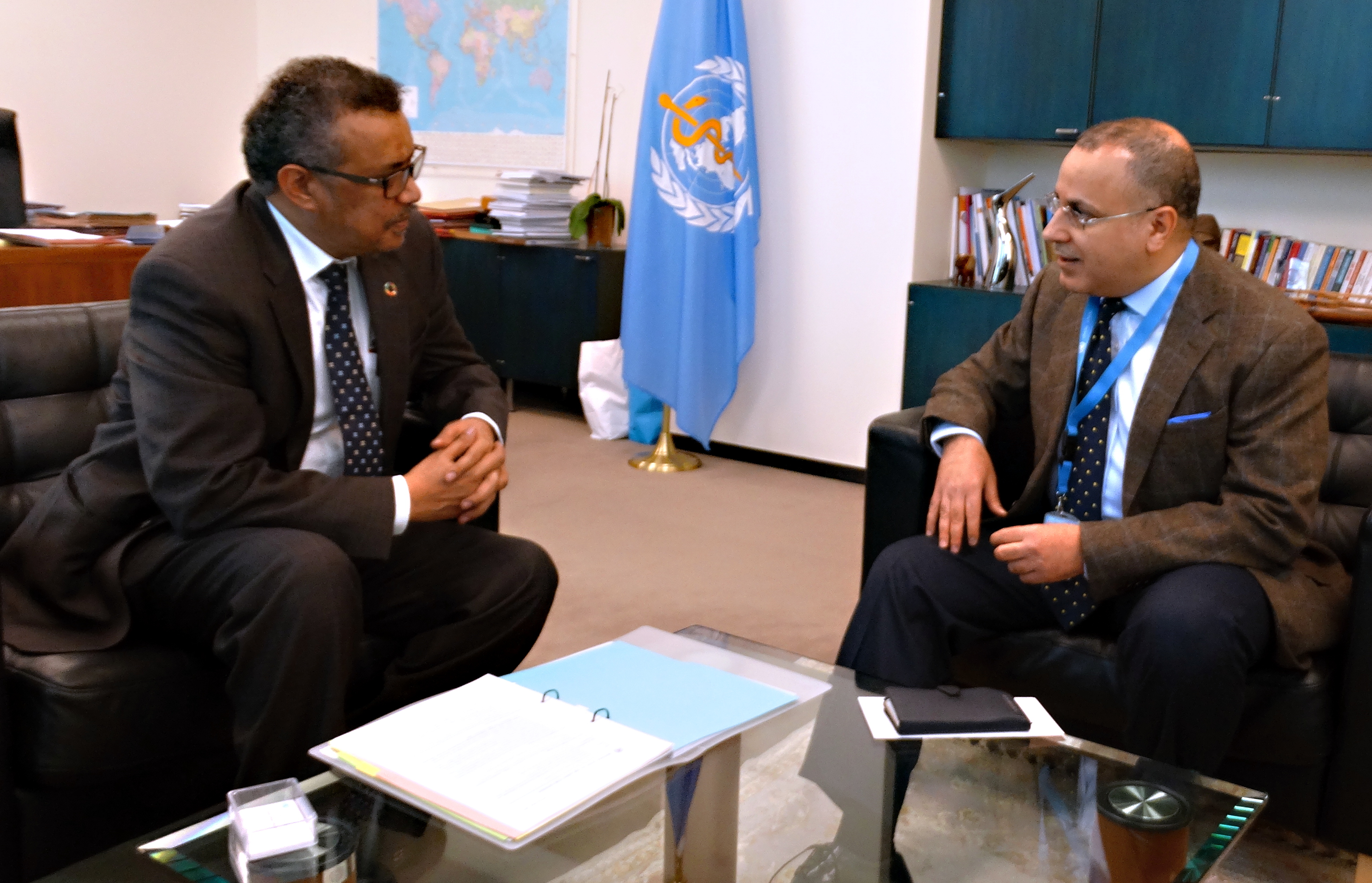Kuwait's permanent delegate to the UN Jamal Al-Ghunaim with UN health agency's director general Dr. Tedros Ghebreyesus