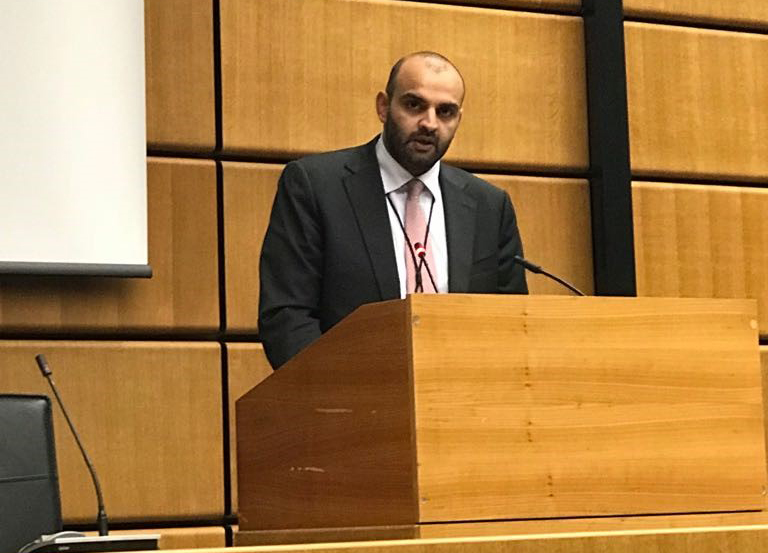 Second Secretary of the permanent delegation to international organisations in Vienna Nawaf Al-Rejaib addresses the International Day of Solidarity with the Palestinian People