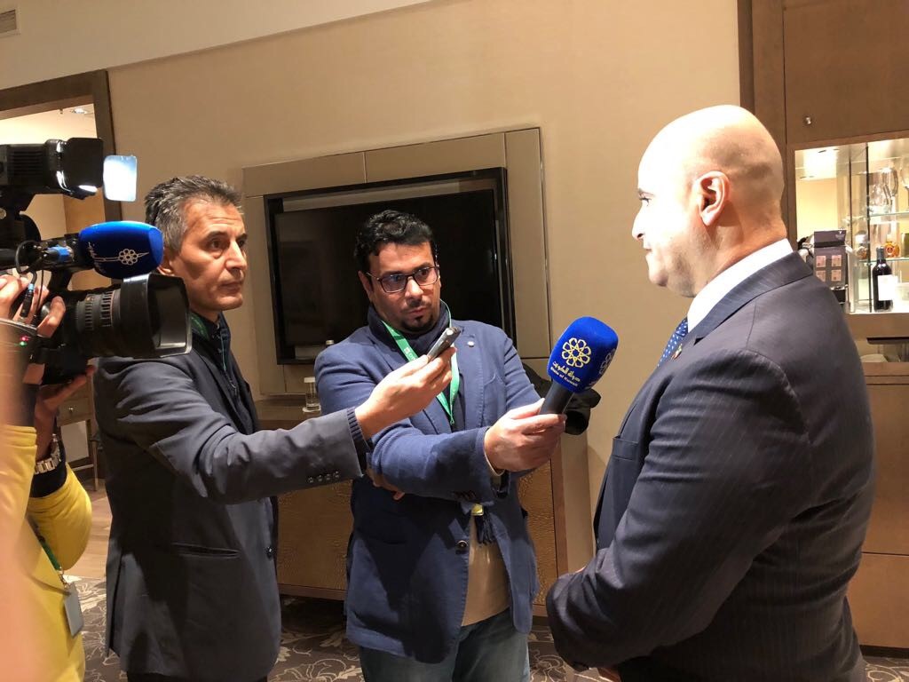 Kuwaiti Oil Minister and Chairman of the Joint OPEC and non-OPEC Ministerial Monitoring Committee (JMMC Essam Al-Marzouq talks to KUNA and Kuwait TV following the meeting of the JMMC