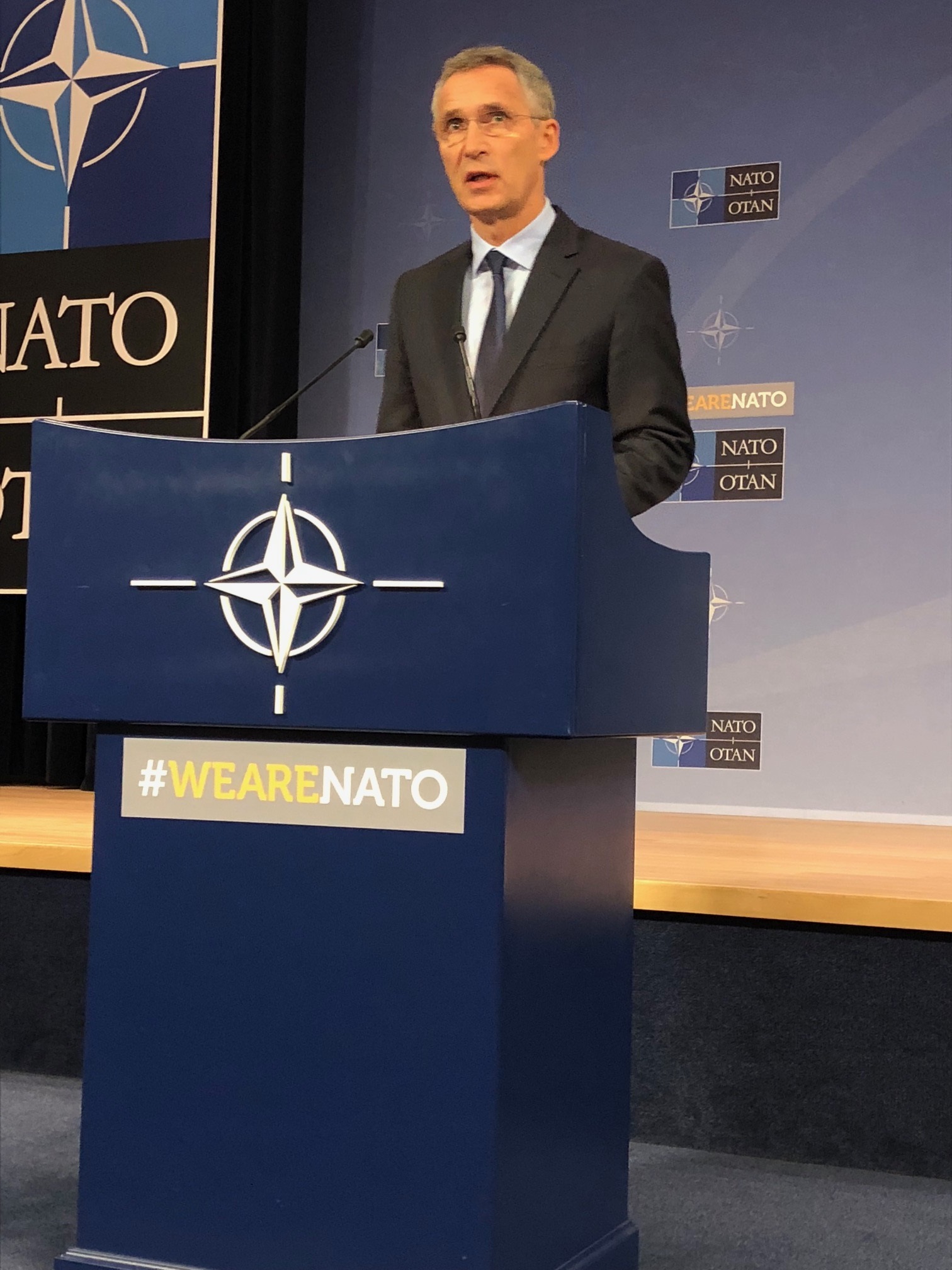 NATO chief Jens Stoltenberg speaks to the press