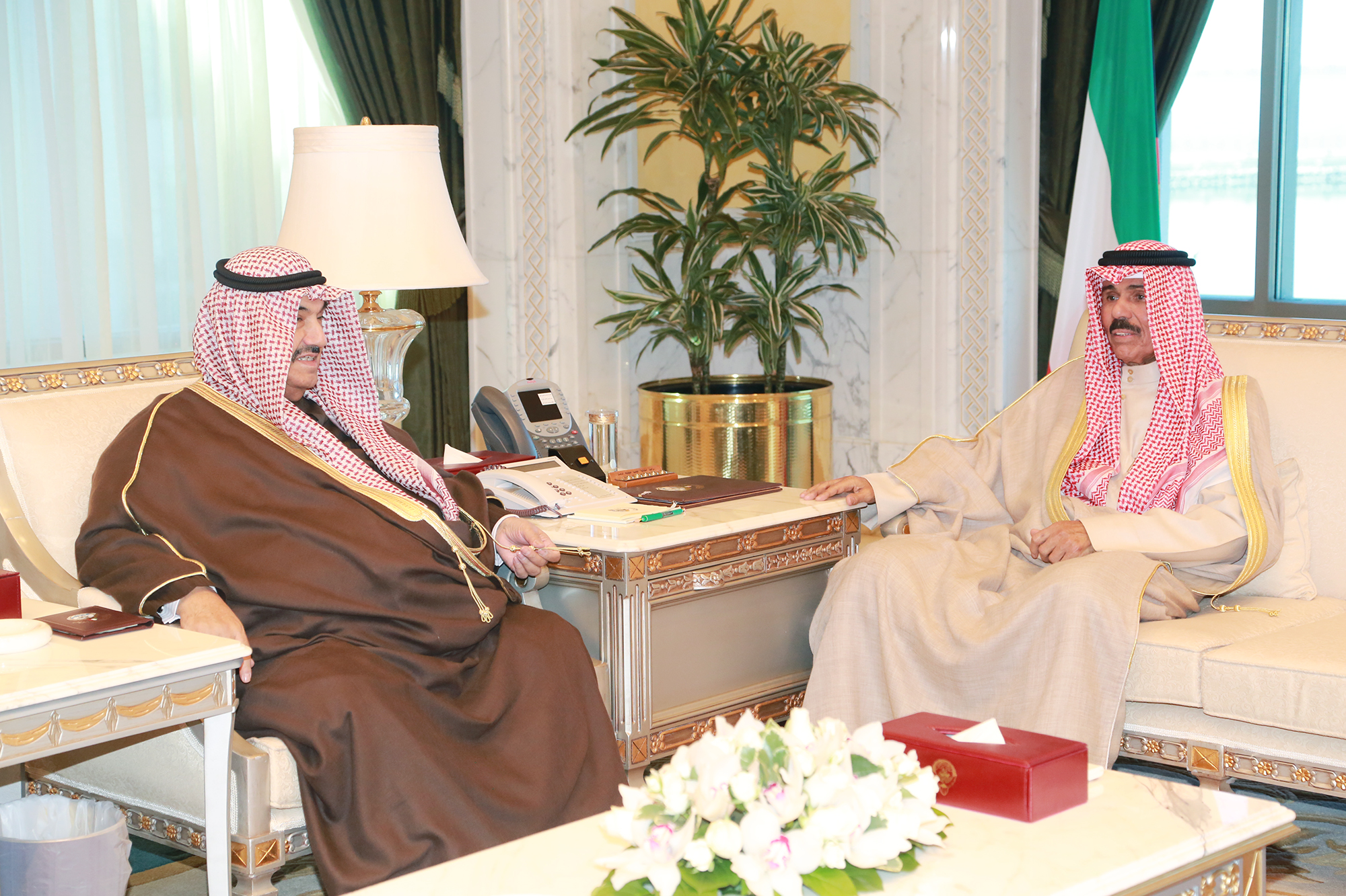 His Highness the Crown Prince Sheikh Nawaf Al-Ahmad Al-Jaber Al-Sabah receives His Highness Sheikh Nasser Al-Mohammad Al-Ahmad Al-Sabah