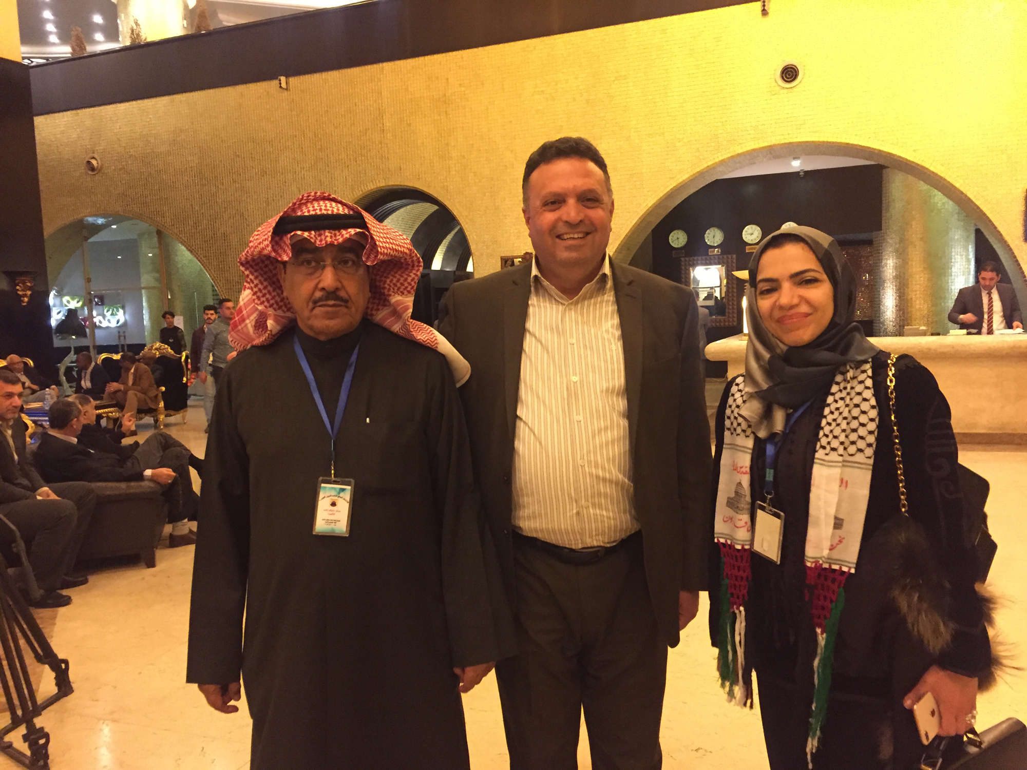 Adnan Al-Rashed, the Kuwaiti delegation represented by Chairman of (KJA) Rabaa Makki with the Head of Palestinian Journalists Nasser Abu Bakr