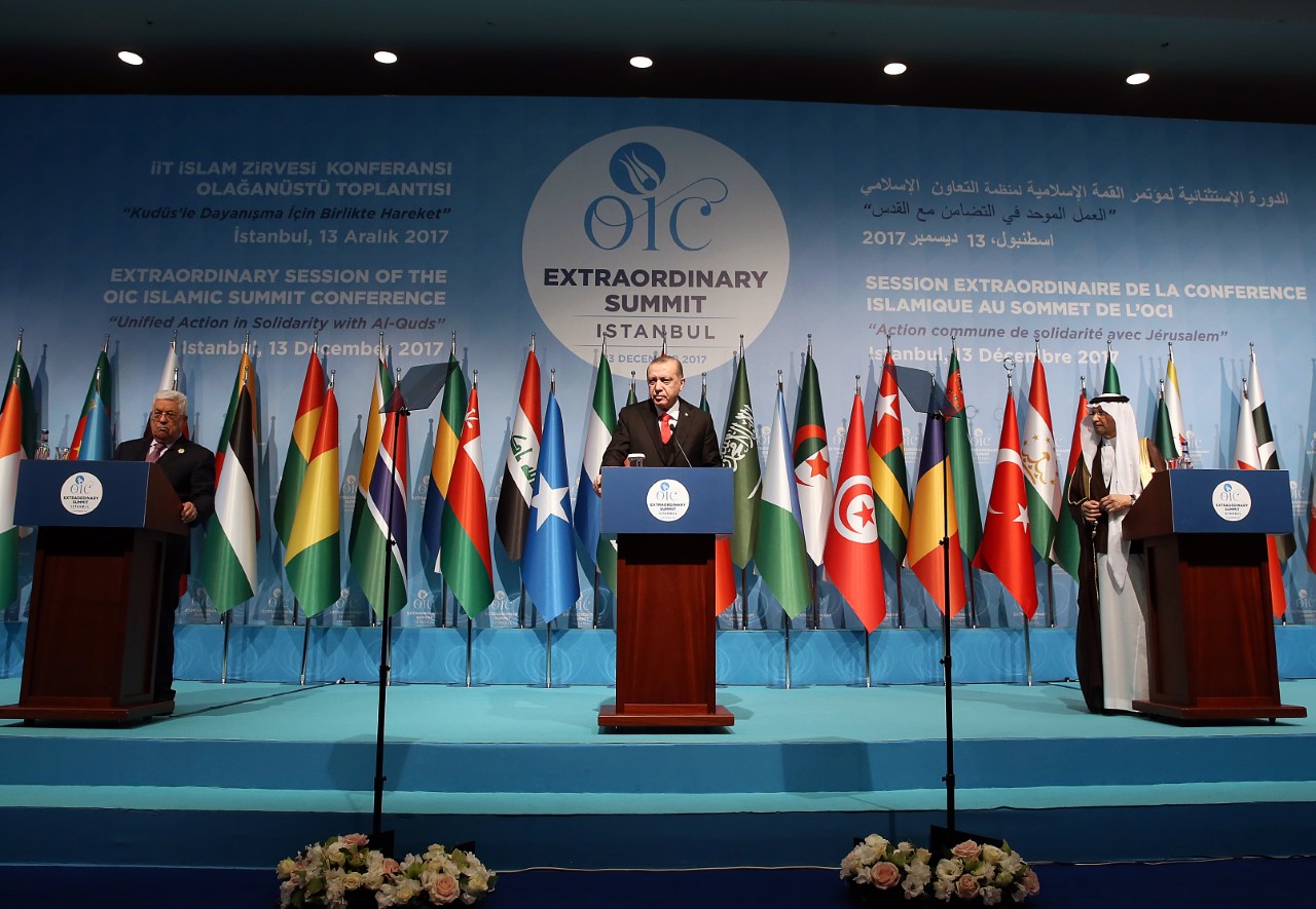Turkish President Recep Tayyip Erdogan addresses press conference after the Organisation of the Islamic Cooperation (OIC) urgent talks