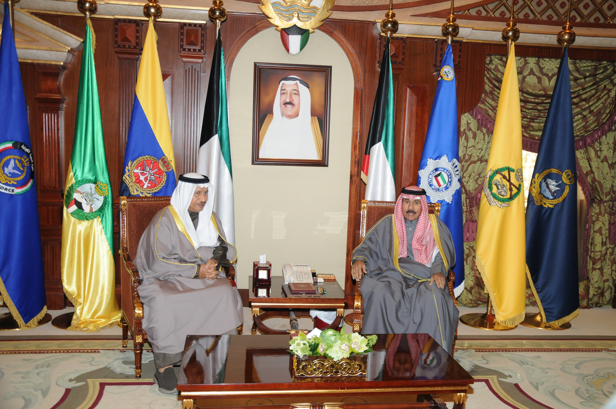 His Highness the Deputy Amir and Crown Prince Sheikh Nawaf Al-Ahmad Al-Jaber Al-Sabah receives His Highness the Prime Minister Sheikh Jaber Mubarak Hamad Al-Sabah