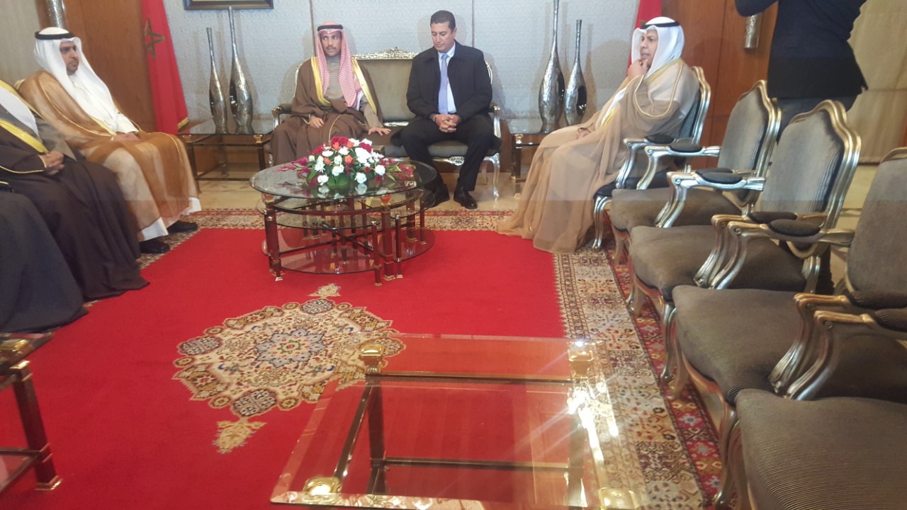 Kuwait's National Assembly Speaker Marzouq Al-Ghanim arrives in Morocco received by Morocco's deputy parliament speaker Rashid Al-Abdi
