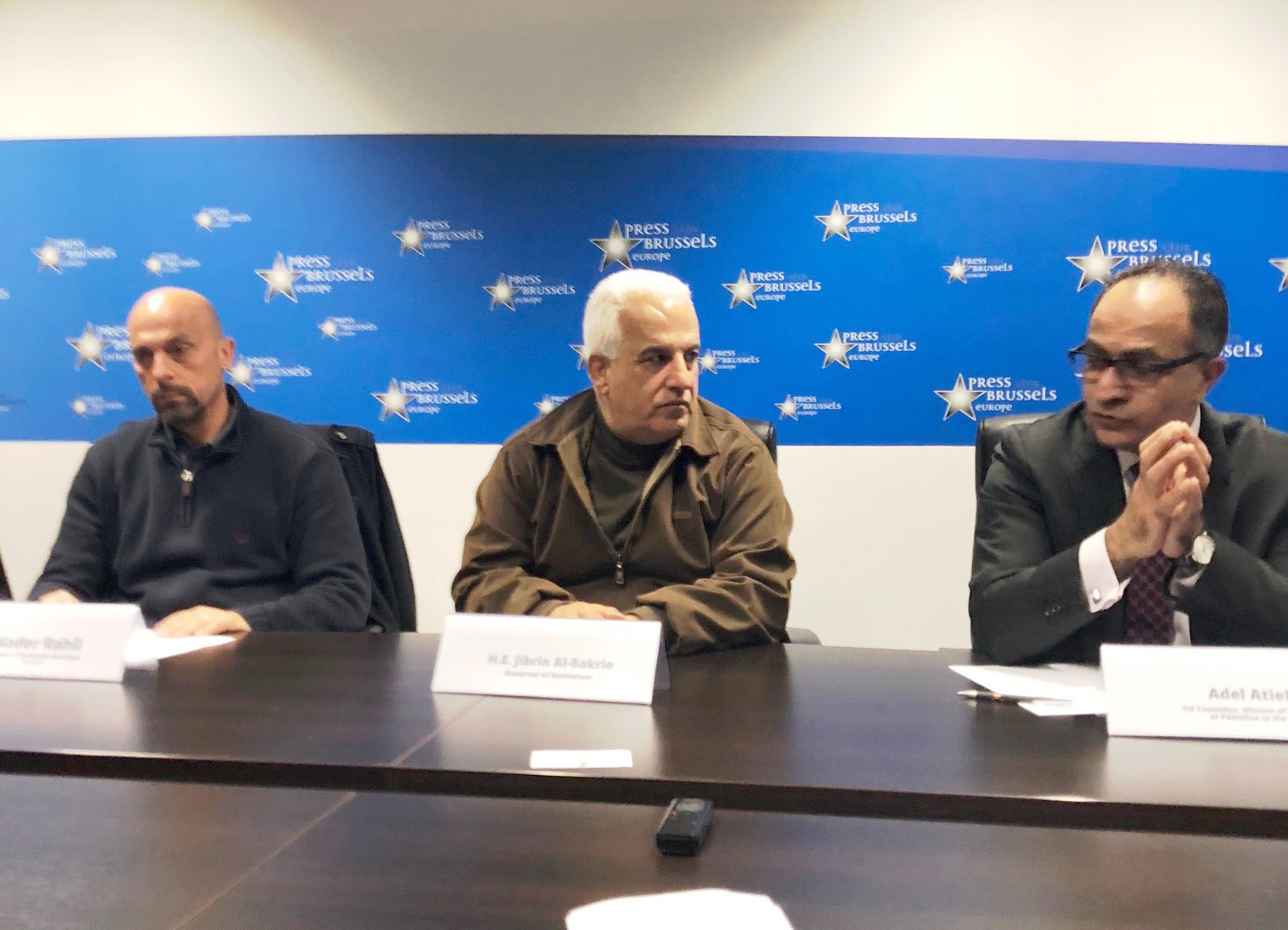 The governor of Bethlehem Jibrin Al-Bakrie during the press conference at the Brussels Press Club