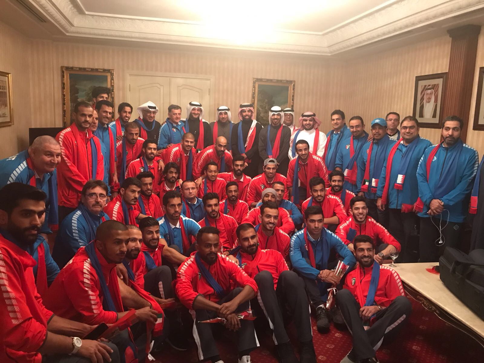 The Kuwait national football team in a group photo with Vice-President of Bahrain football association Sheikh Khaled Al-Khalifa