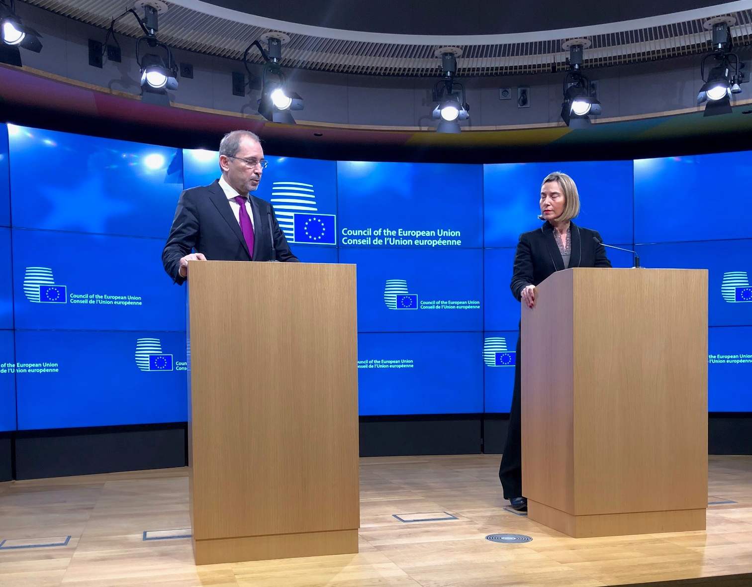 EU High Rpresentative  Federica Mogherini and Jordanian FM Ayman Al-Safadi speaking at the joint press conference in Brussels