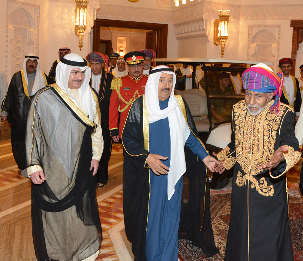 His Highness the Amir Sheikh Sabah Al-Ahmad Al-Jaber Al-Sabah and Sultan Qaboos bin Saeed of Oman during dinner banquet in honor of His Highness Amir