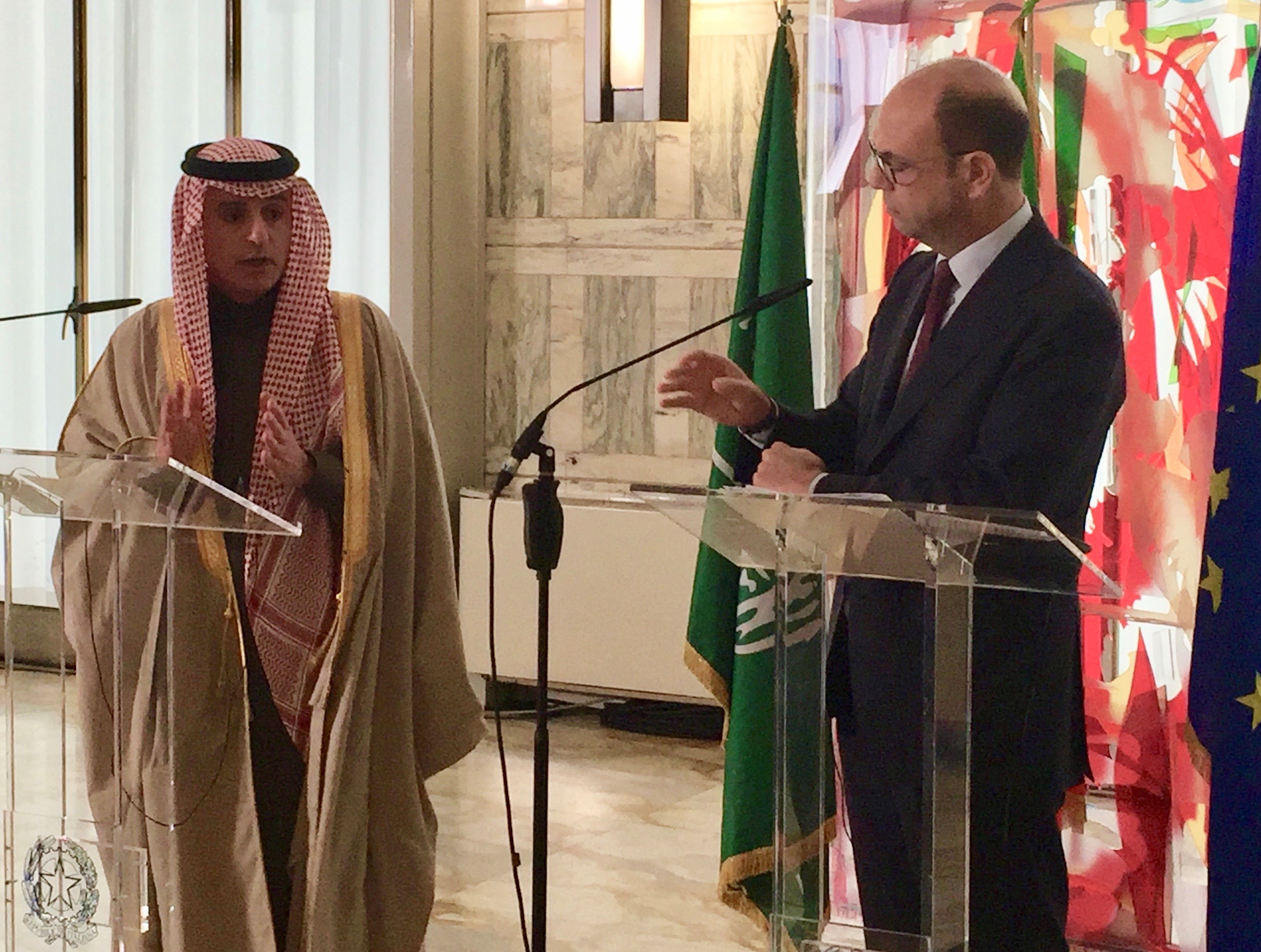 Saudi Foreign Minister Adel Al-Jubeir at a joint news conference with his Italian counterpart Angelino Alfano