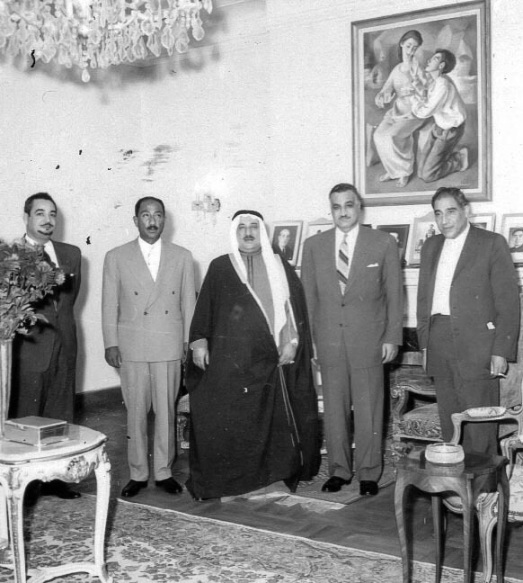 Late Sheikh Abdullah Al-Mubarak Al-Sabah and former Presidents of Egypt Gamal Abdel Nasser, Anwar Sadat