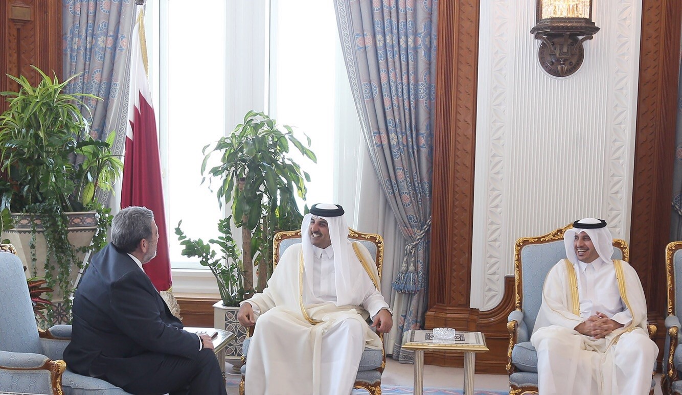 Qatari Amir Sheikh Tamim bin Hamad Al-Thani meets with visiting Prime Minister of Saint Vincent and the Grenadines Ralph Gonsalves
