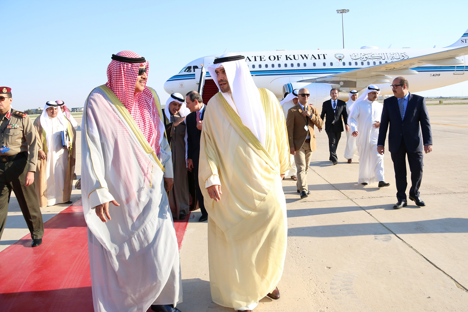 Kuwaiti Foreign Minister Sheikh Sabah Al-Khaled Al-Hamad Al-Sabah arrives to Jordan received by Kuwaiti Finance minister Anas Al-Saleh