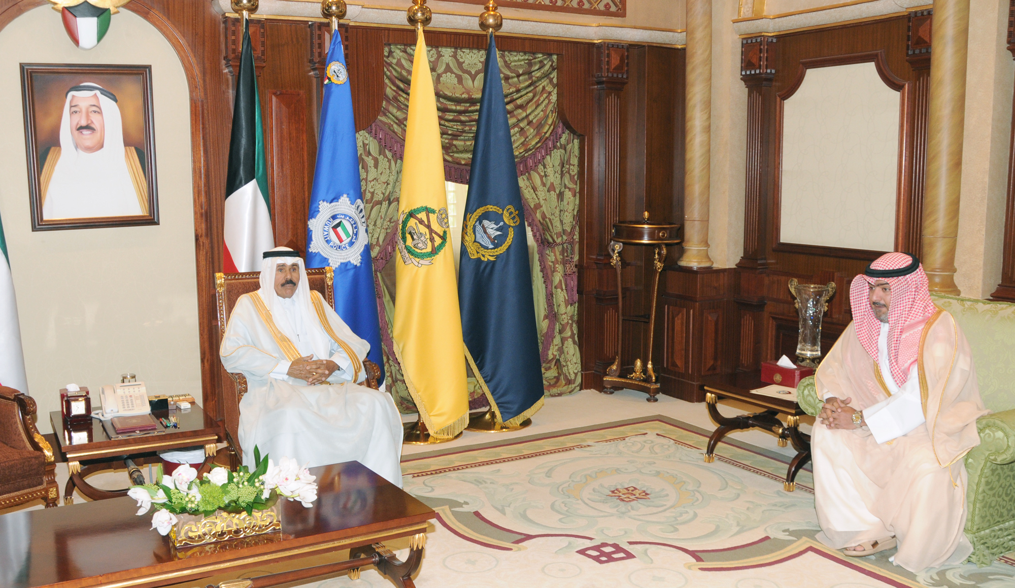 His Highness the Crown Prince Sheikh Nawaf Al-Ahmad Al-Jaber Al-Sabah receives Chief of National Security Apparatus (NSA) Sheikh Thamer Ali Al-Sabah