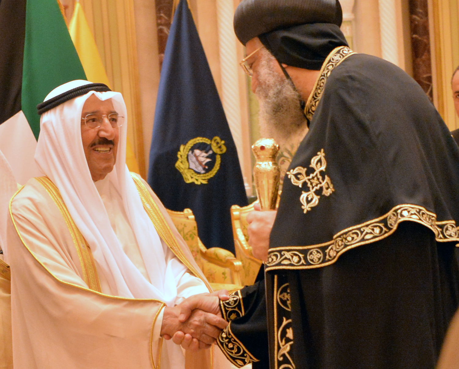 His Highness the Amir Sheikh Sabah Al-Ahmad Al-Jaber Al-Sabah receives Tawadros II the Pope of Alexandria and Patriarch of the See of St. Mark