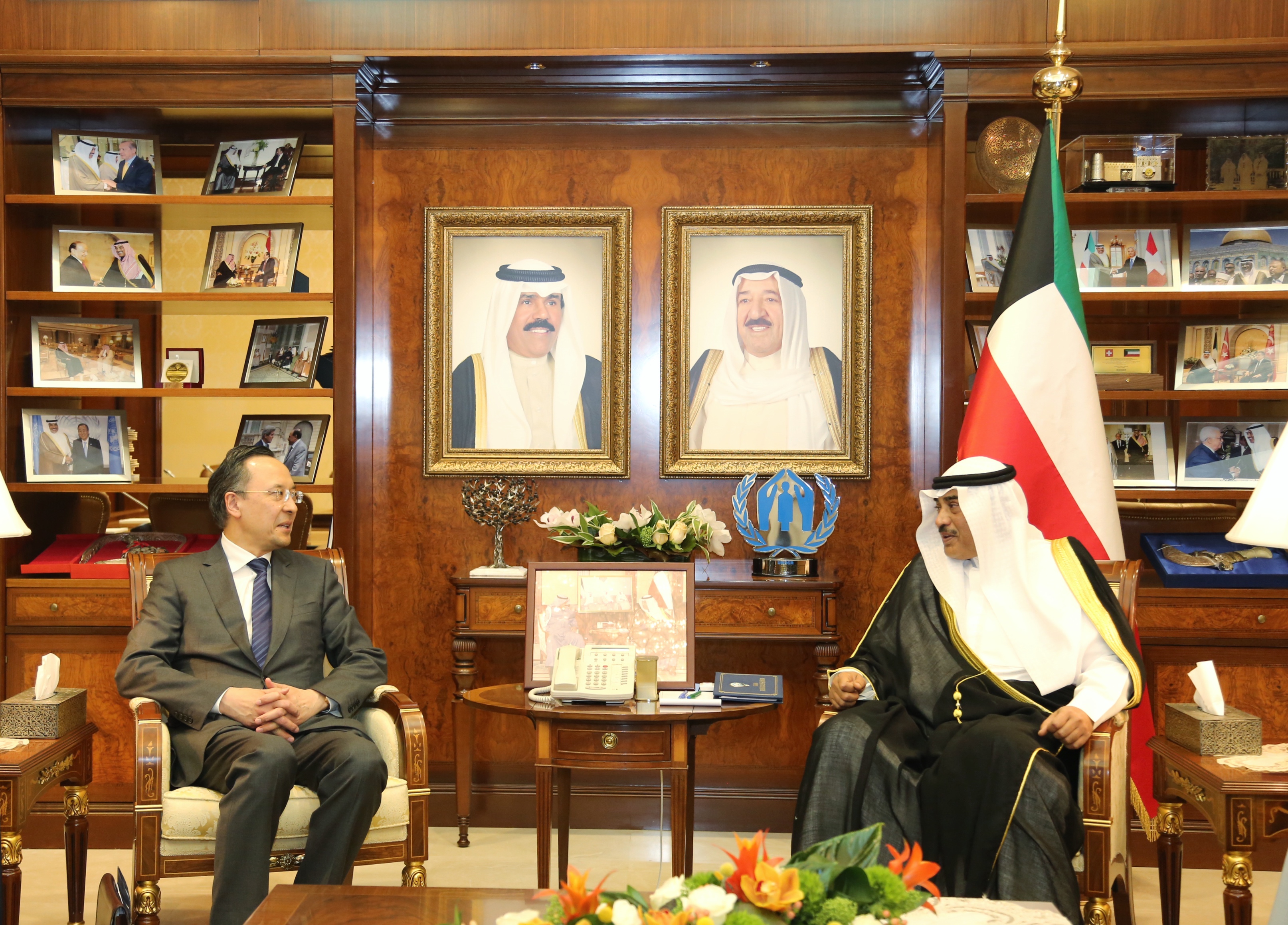 Kuwait First Deputy Prime Minister and Foreign Minister Sheikh Sabah Khaled Al-Hamad Al-Sabah meets his Kazakh counterpart Kairat Abdrakhmanov