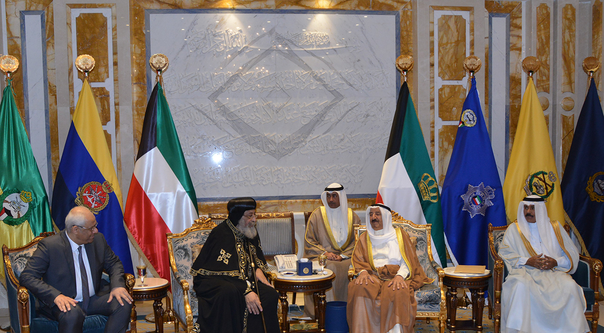 His Highness the Amir Sheikh Sabah Al-Ahmad Al-Jaber Al-Sabah accompanied by His Highness the Crown Prince Sheikh Nawaf Al-Ahmad Al-Jaber Al-Sabah receives Tawadros II, the Pope of Alexandria and Patriarch of the See of St. Mark