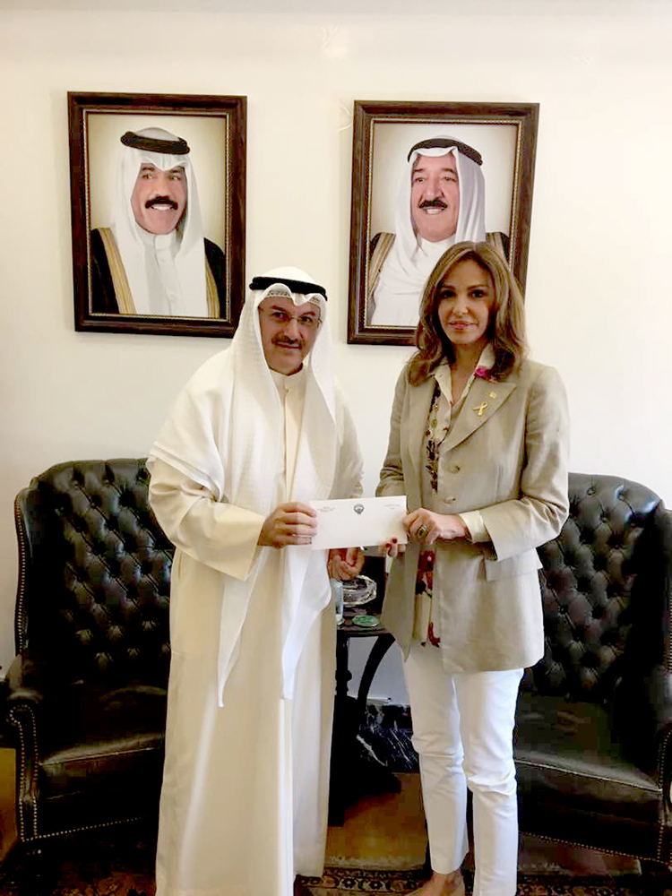 Kuwaiti Ambassador to Lebanon Abdulaal Al-Qenaei delivers a financial donation to the Children's Cancer Center of Lebanon