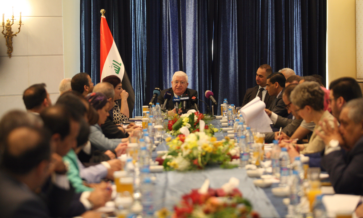 الرئيس العراقي فؤاد معصوم خلال لقائه بعدد من ممثلي وسائل الاعلام العربية والدولية في العاصمة عمان