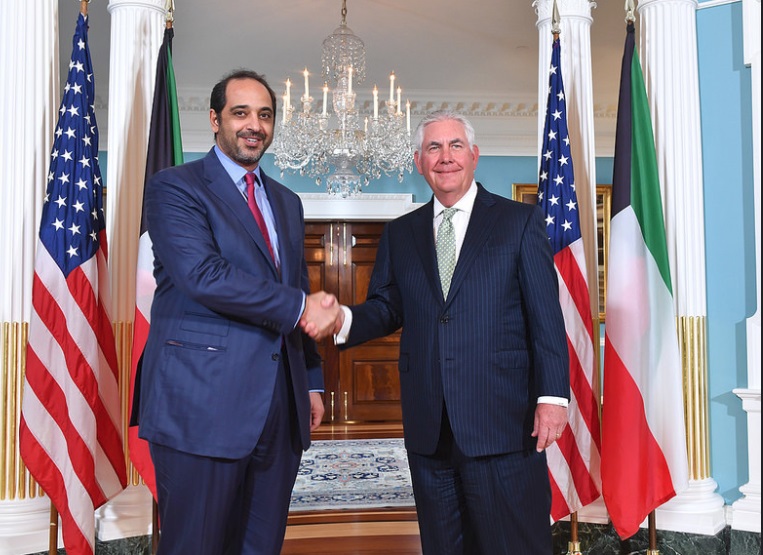 Kuwaiti Minister of State for Cabinet Affairs and Acting Minister of Information Sheikh Mohammad Abdullah Al-Sabah meets with US Secretary of State Rex Tillerson