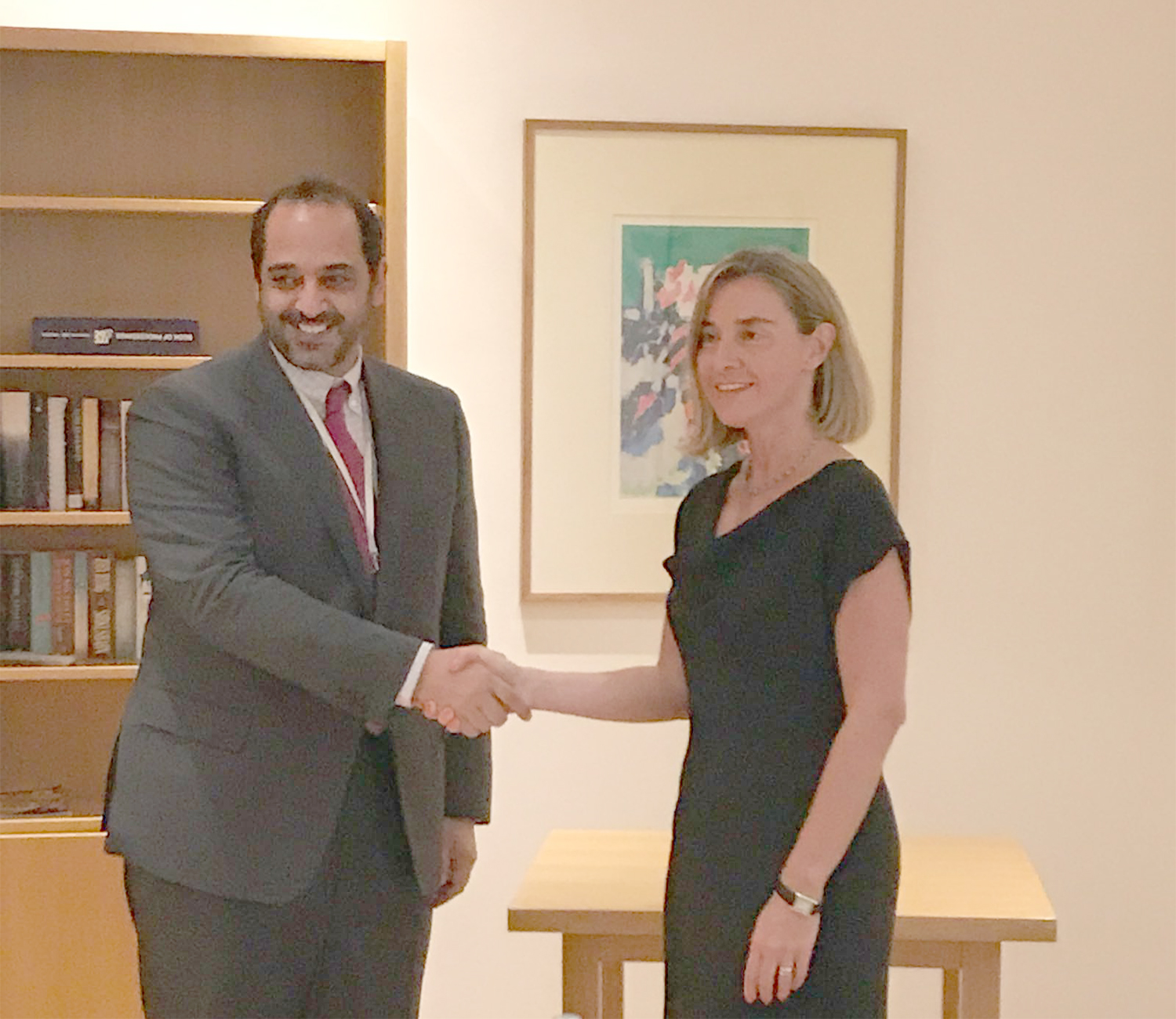 Minister of State for Cabinet Affairs Sheikh Mohammad Abdullah Al-Mubarak Al-Sabah with EU High Representative for Foreign Affairs and Security Policy Federica Mogherini