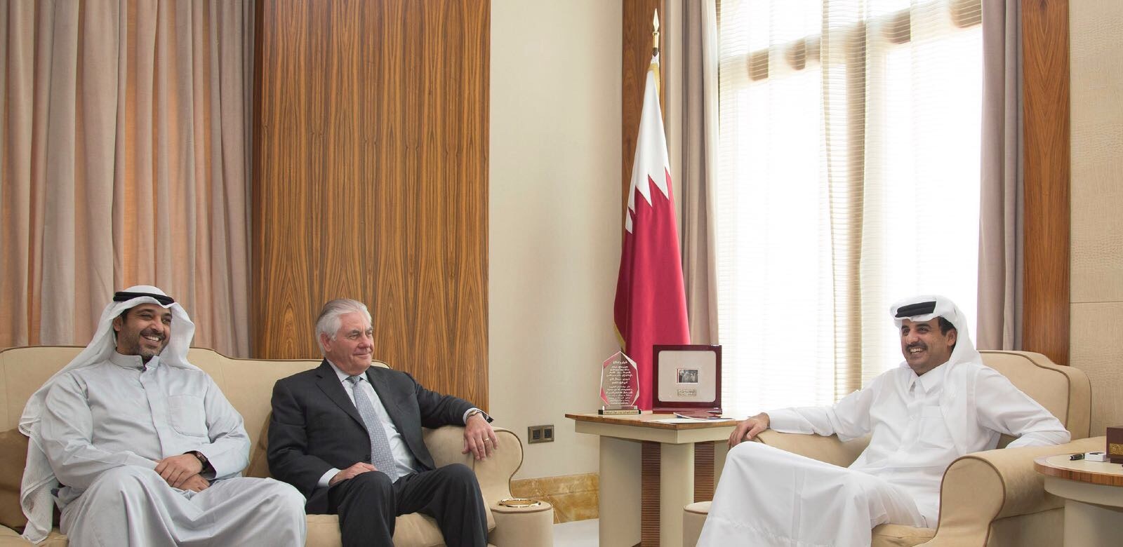 Amir of Qatar Sheikh Tamim bin Hamad Al-Thani meets with  Kuwait's State Minister for Cabinet Affairs and Acting Information Minister Sheikh Mohammad Al-Abdallah Al-Sabah and US Secretary of State Rex Tillerson