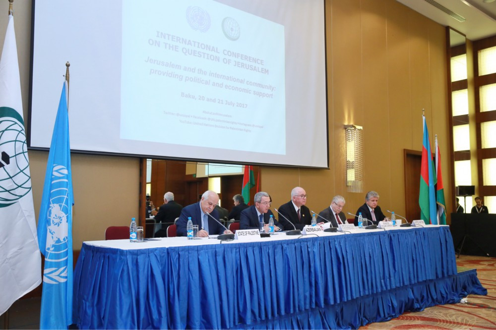 Main panel at the international conference on supporting Jerusalem organized by the United Nations and Organization of Islamic Cooperation (OIC) in Baku
