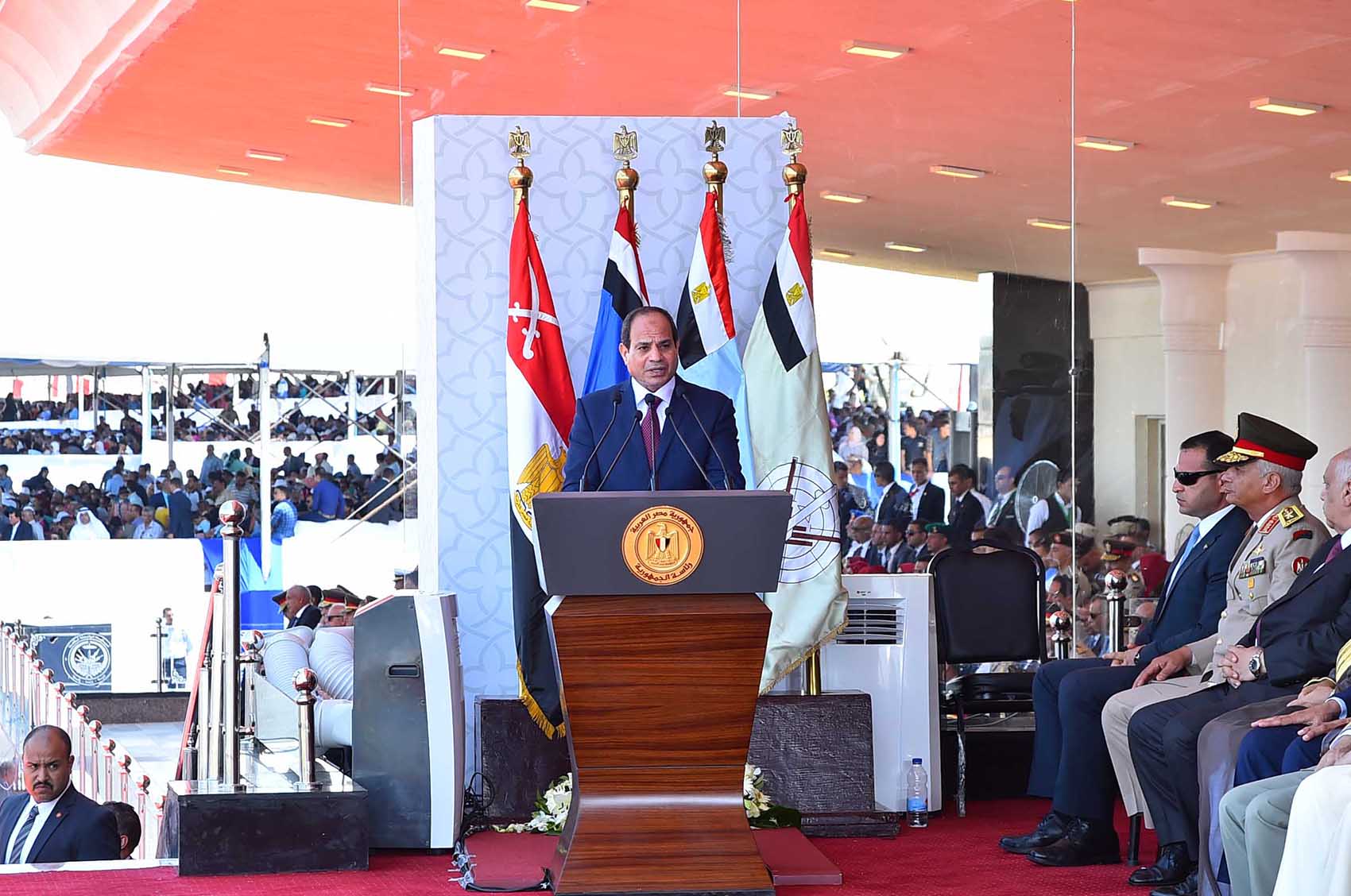 Egyptian President Abdelfattah Al-Sisi delivers a speech during the inauguration ceremony of "Mohammad Najib" military base
