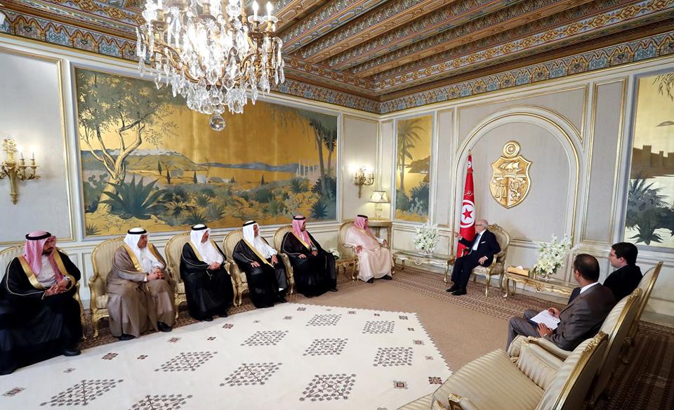Tunisian President Beji Caid Essebsi meets Saudi Minister of Trade and Investment Majid Al-Qasabi