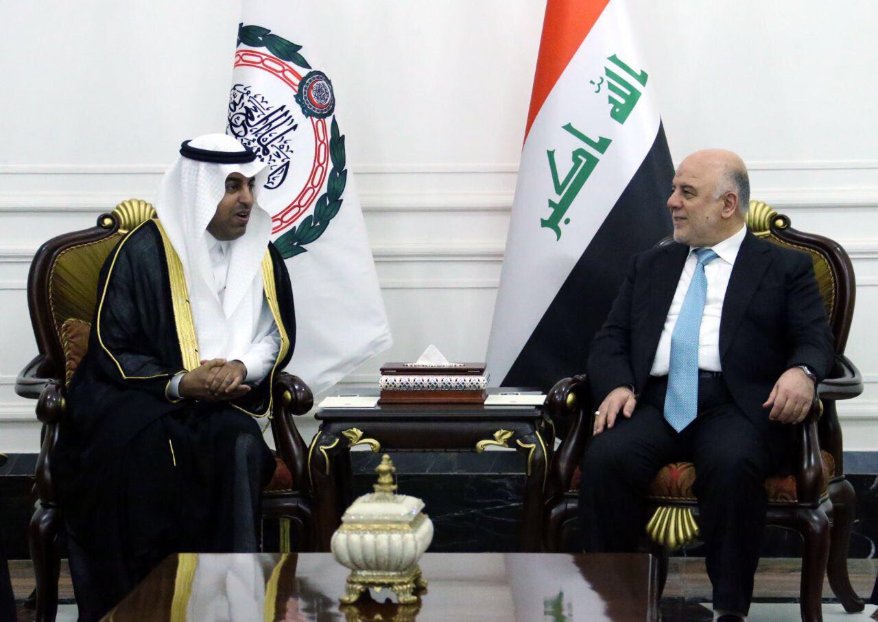 The President of Arab Parliament Mishaal Bin Fahad Al-Salmi during a meeting with Iraqi Prime Minister Haidar Al-Abadi