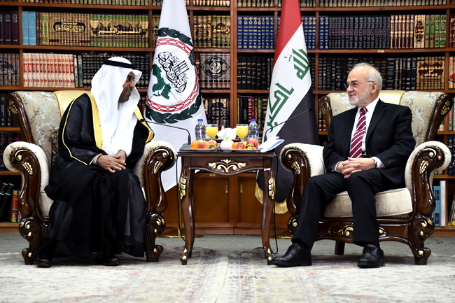 President of Arab Parliament Mishaal bin Fahad Al-Salmi during a meeting with Iraqi Foreign Minister Ibrahim Al-Jaafari