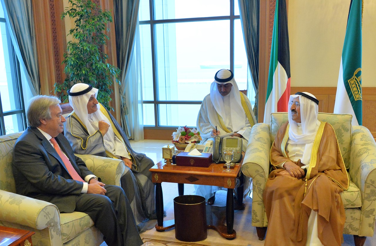 His Highness the Amir Sheikh Sabah Al-Ahmad Al-Jaber Al-Sabah receives visiting United Nations Secretary General Antonio Guterres and his accompanying delegation