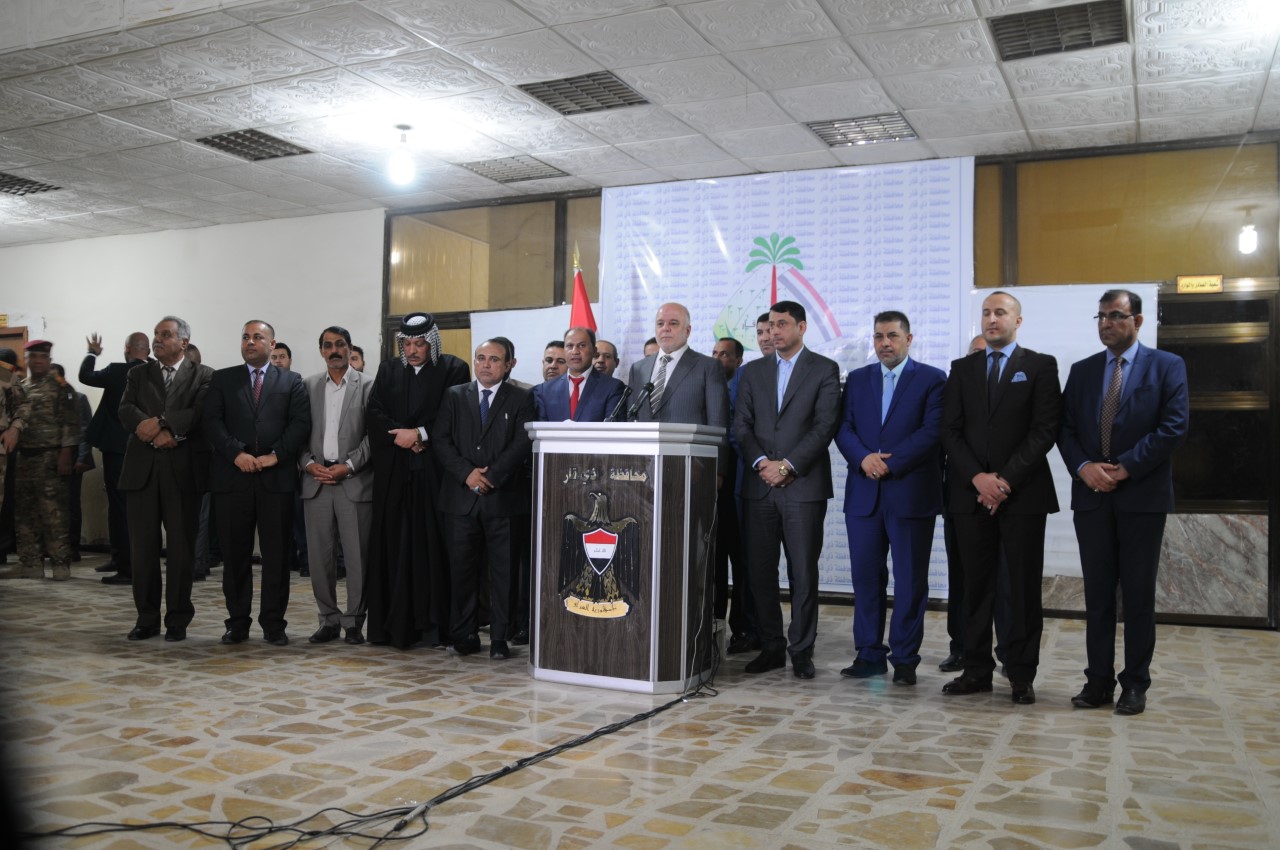 Iraqi Prime Minister Haidar Al-Abadi during a press conference in the southern city of Nasiriyah