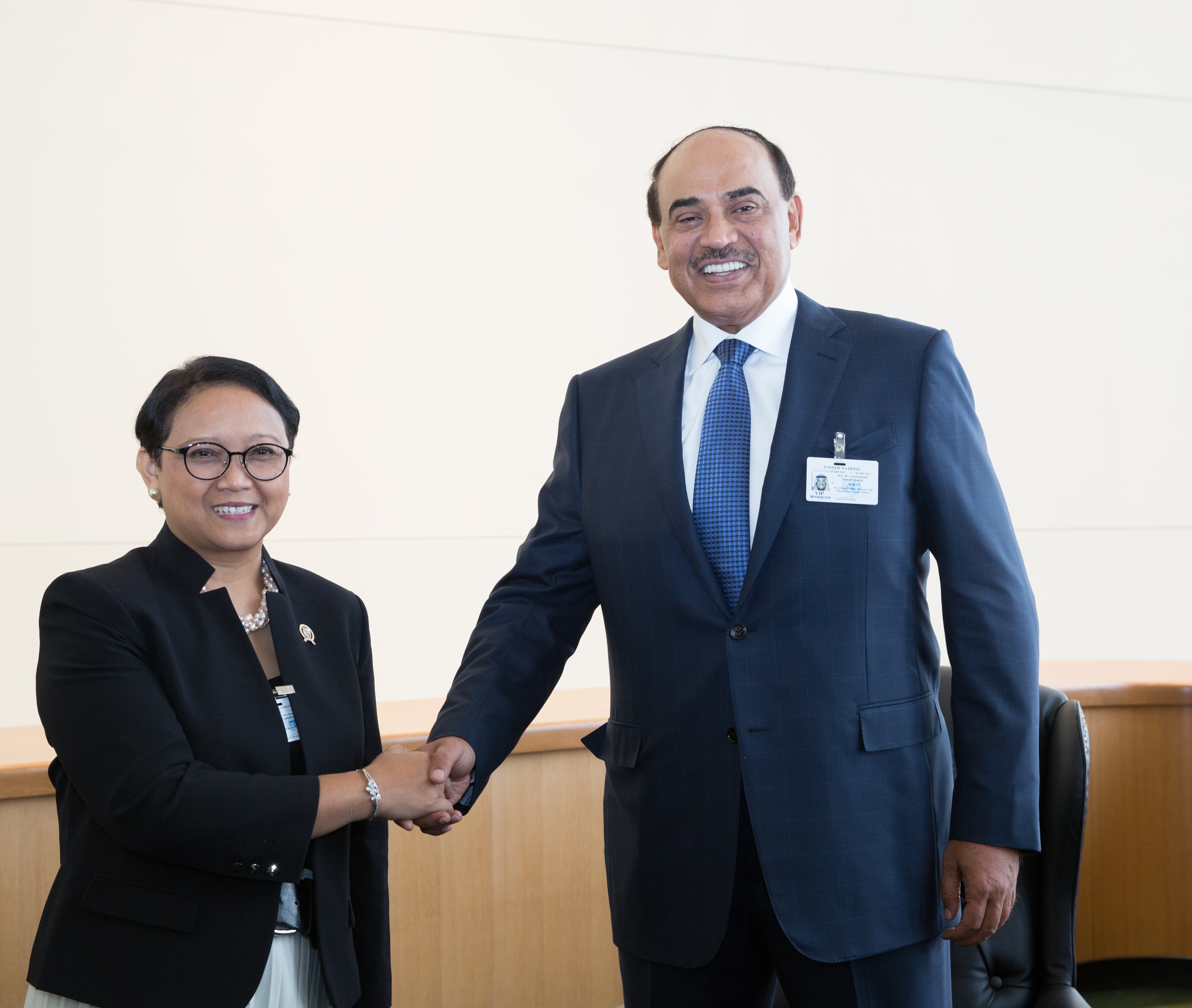 First Deputy Prime Minister and Foreign Minister Sheikh Sabah Al-Khaled Al-Hamad Al-Sabah meets with Indonesia's Foreign Minister Retno Masrudi
