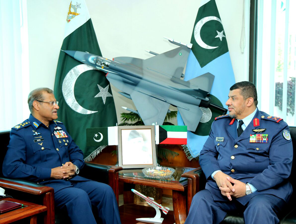 Commander of Kuwait's Air Force Major General Abdullah Yaqoob Al-Fodari during meets with Chief of the Air Staff of Pakistan's Air Force Air Chief Marshal Sohail Aman,