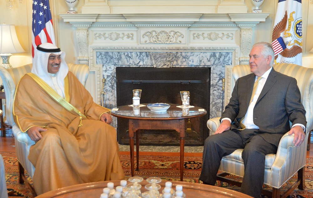 First Deputy Prime Minister and Minister of Foreign Affairs Sheikh Sabah Al-Khaled Al-Hamad Al-Sabah meets US Secretary of State Rex Tillerson