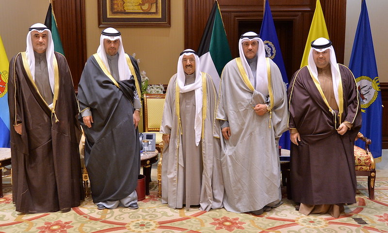 His Highness the Amir Sheikh Sabah Al-Ahmad Al-Jaber Al-Sabah meeting with Deputy Prime Minister and Minister of State for Cabinet Affairs Anas Al-Saleh and Chairman of the Public Authority for Communications and Information Technology Salem Al-Uthai