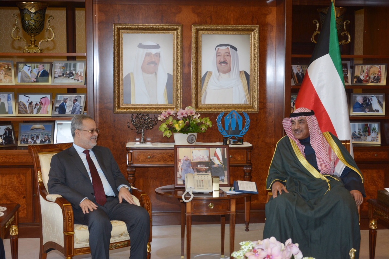 Kuwaiti Deputy Prime Minister and Foreign Minister Sheikh Sabah Khaled Al-Hamad Al-Sabah meets with Yemeni counterpart Abdulmalik Al-Mekhlafi