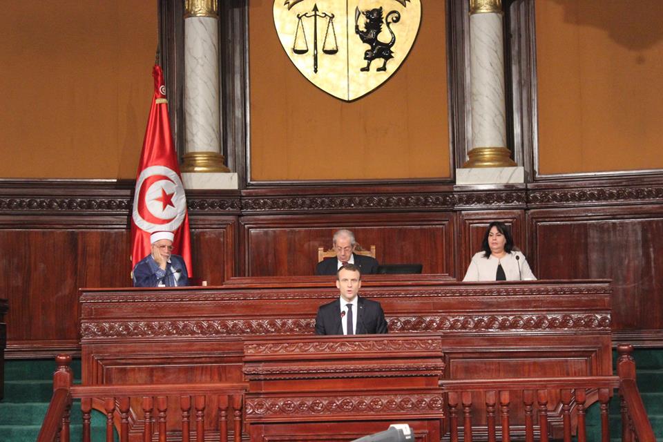 French President Emmanuel Macron addressing an extraordinary parliamentary session in Tunisia
