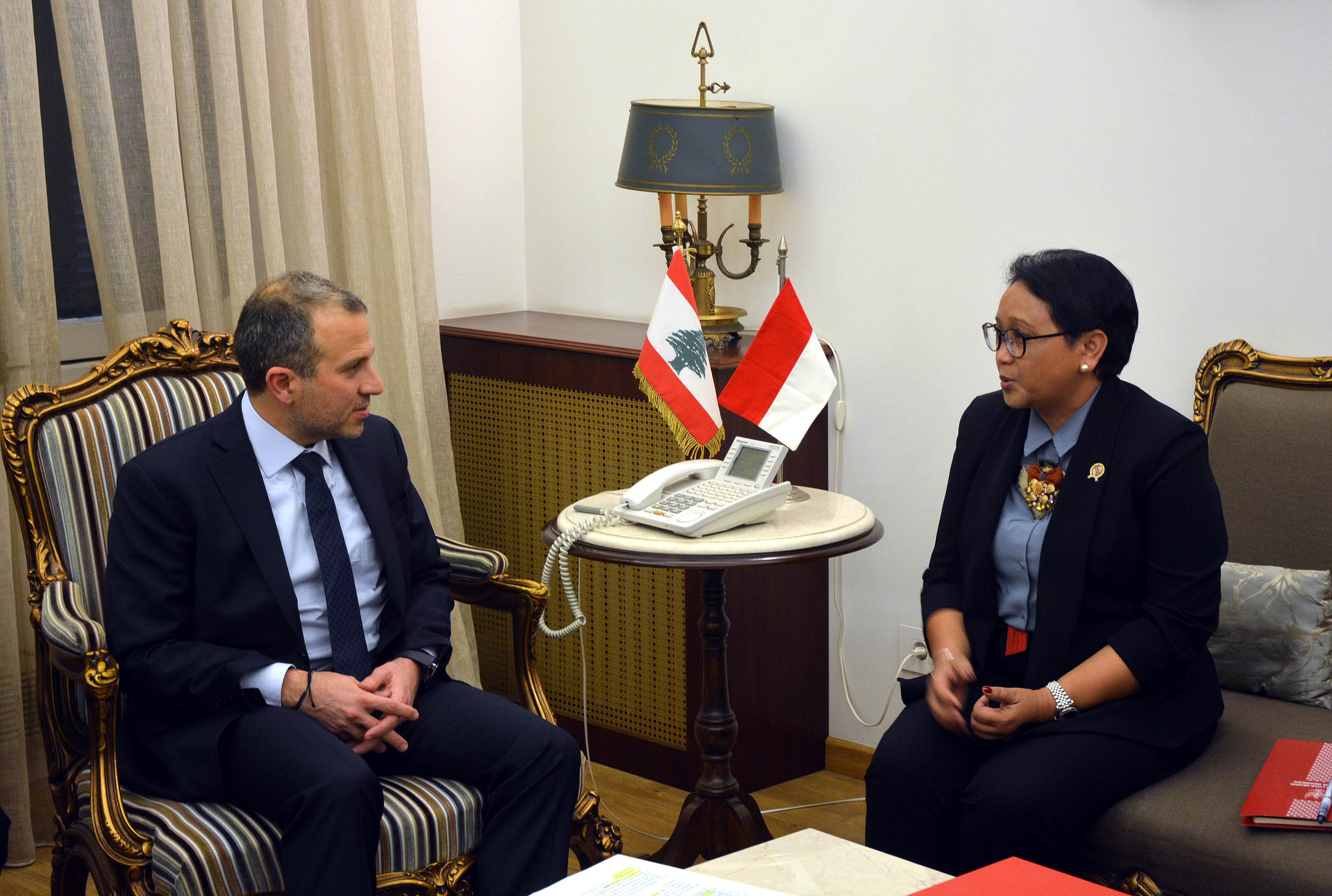Lebanese Foreign Minister Jubran Bassil meets with visiting Retno Marsudi the Foreign Minister of Indonesia