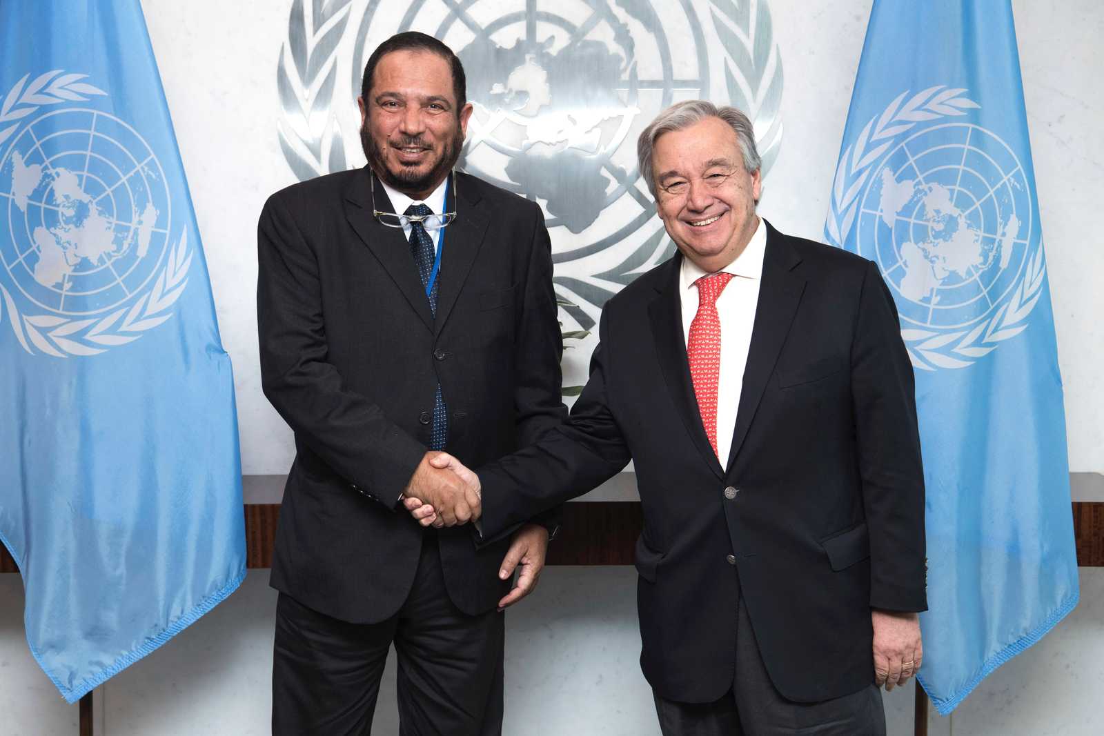 UN Secretary-General Antonio Guterres and Kuwait's Amiri Diwan Special Advisor and President of the International Islamic Charitable Organization (IICO) Abdullah Maatouq